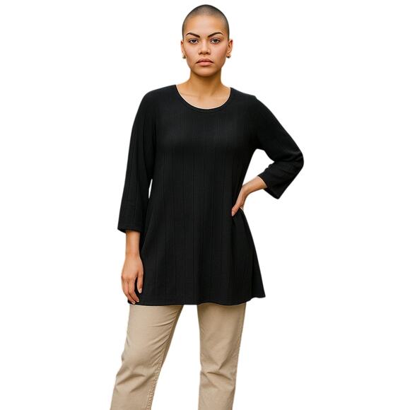 Bobeau Women's Medium Black Wide Rib Knit Top Crew Neck 3/4 Sleeve Side Slit - Picture 1 of 10